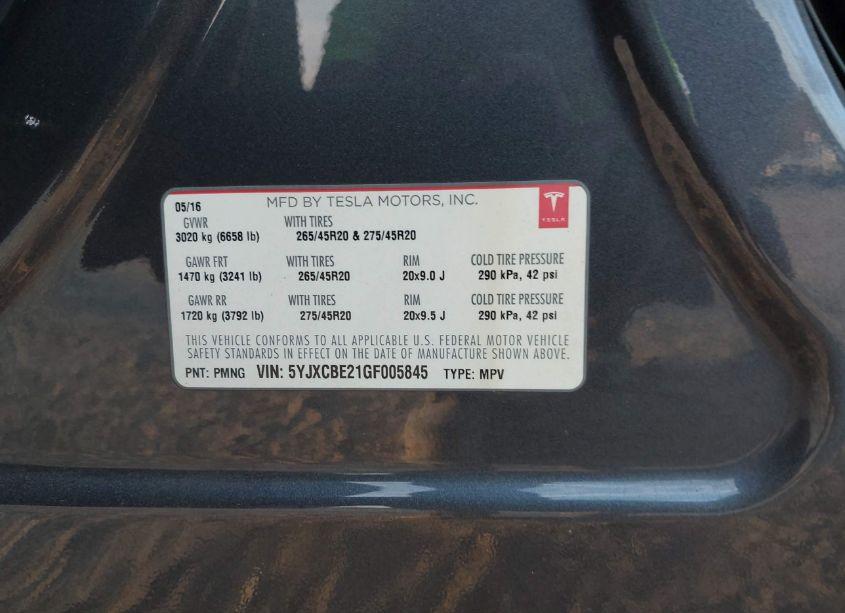 Photo 9 of 2016 Tesla Model X 60D/70D/75D/90D/P100D (VIN 5YJXCBE21GF005845)
