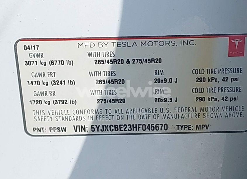 Photo 9 of 2017 Tesla Model X 100D/75D/90D (VIN 5YJXCBE23HF045670)