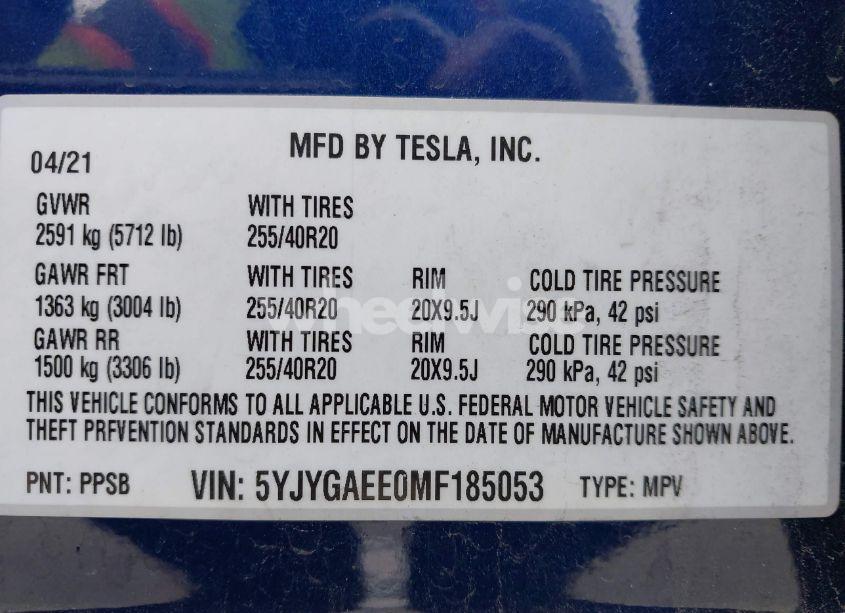 Photo 9 of 2021 Tesla Model Y LONG RANGE DUAL MOTOR ALL-WHEEL DRIVE (VIN 5YJYGAEE0MF185053)