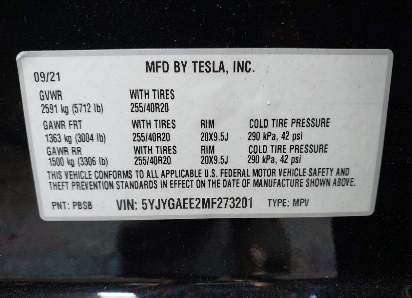 Photo 9 of 2021 Tesla Model Y LONG RANGE DUAL MOTOR ALL-WHEEL DRIVE (VIN 5YJYGAEE2MF273201)