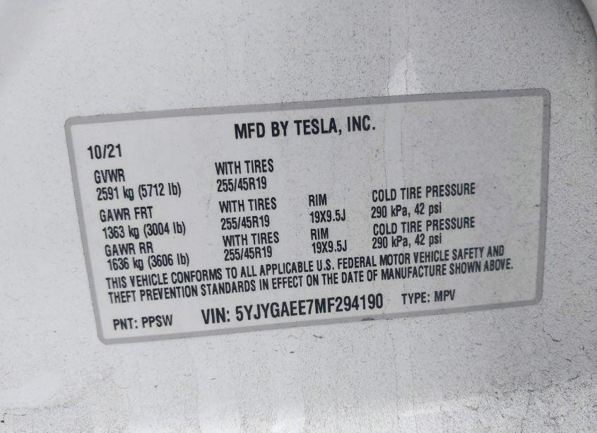 Photo 9 of 2021 Tesla Model Y LONG RANGE DUAL MOTOR ALL-WHEEL DRIVE (VIN 5YJYGAEE7MF294190)