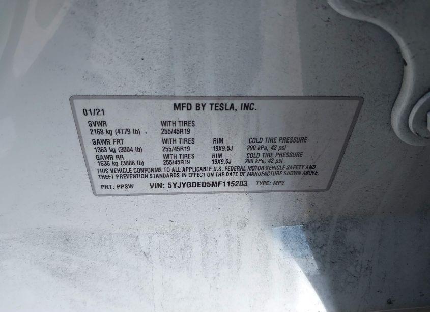 Photo 9 of 2021 Tesla Model Y STANDARD RANGE REAR-WHEEL DRIVE (VIN 5YJYGDED5MF115203)