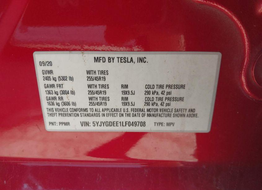 Photo 9 of 2020 Tesla Model Y LONG RANGE DUAL MOTOR ALL-WHEEL DRIVE (VIN 5YJYGDEE1LF049708)