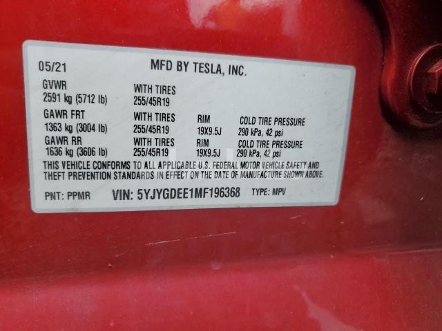 Photo 10 of 2021 TESLA MODEL Y (VIN 5YJYGDEE1MF196368)