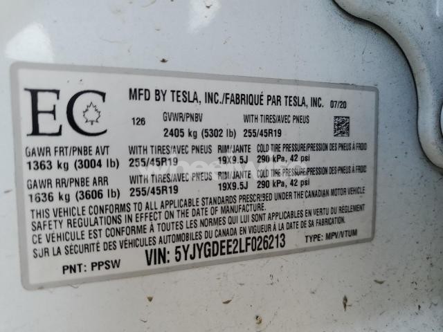 Photo 3 of 2020 TESLA MODEL Y (VIN 5YJYGDEE2LF026213)