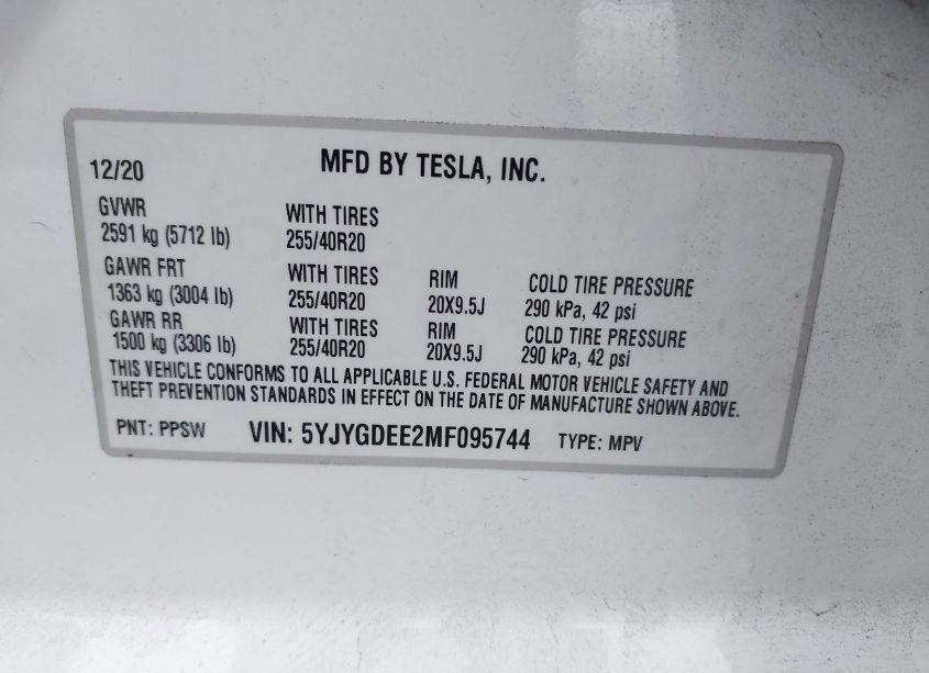 Photo 9 of 2021 Tesla Model Y LONG RANGE DUAL MOTOR ALL-WHEEL DRIVE (VIN 5YJYGDEE2MF095744)