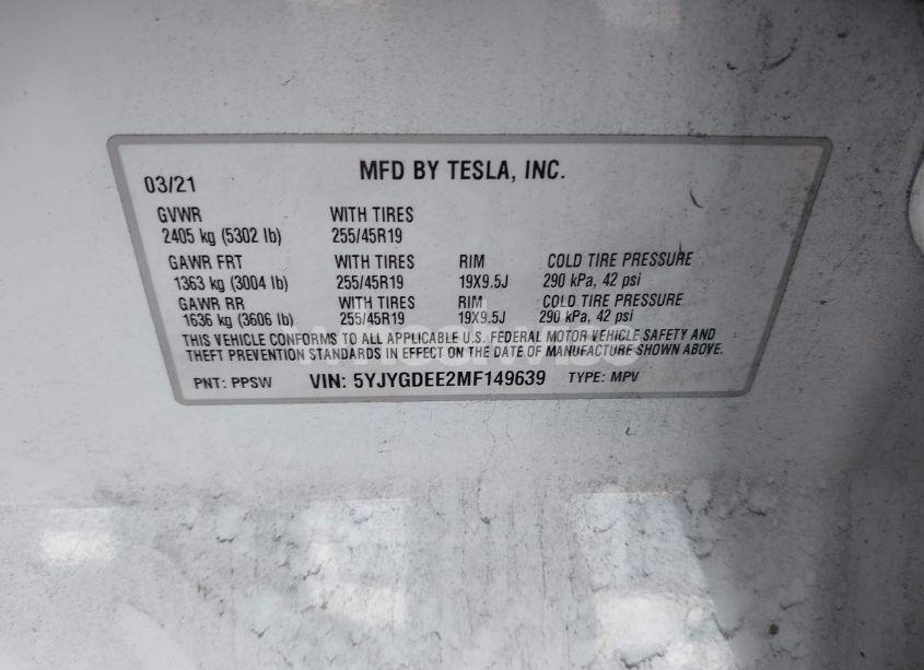 Photo 9 of 2021 Tesla Model Y LONG RANGE DUAL MOTOR ALL-WHEEL DRIVE (VIN 5YJYGDEE2MF149639)