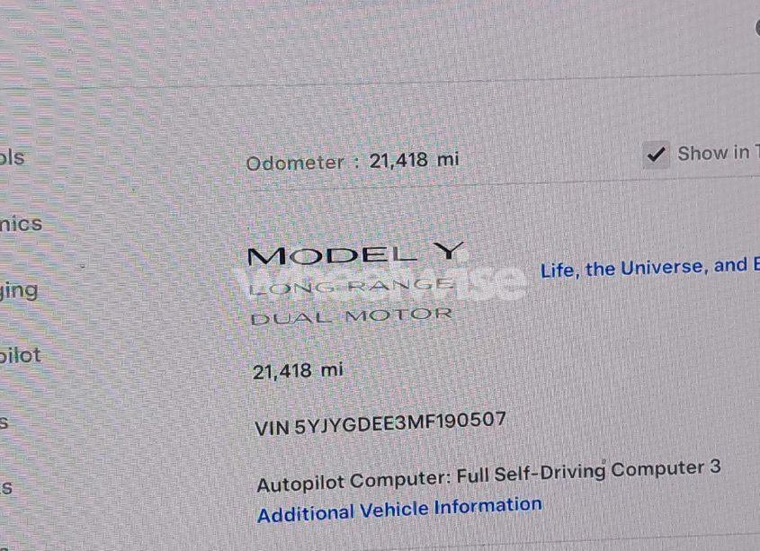 Photo 15 of 2021 Tesla Model Y LONG RANGE DUAL MOTOR ALL-WHEEL DRIVE (VIN 5YJYGDEE3MF190507)
