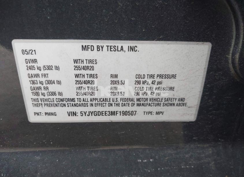 Photo 9 of 2021 Tesla Model Y LONG RANGE DUAL MOTOR ALL-WHEEL DRIVE (VIN 5YJYGDEE3MF190507)