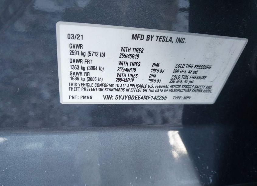 Photo 9 of 2021 Tesla Model Y LONG RANGE DUAL MOTOR ALL-WHEEL DRIVE (VIN 5YJYGDEE4MF142255)