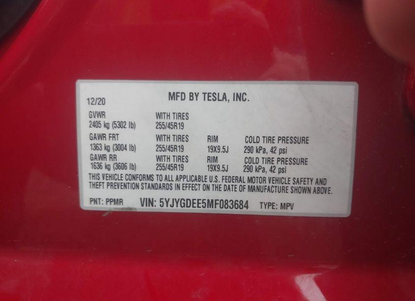 Photo 9 of 2021 Tesla Model Y LONG RANGE DUAL MOTOR ALL-WHEEL DRIVE (VIN 5YJYGDEE5MF083684)