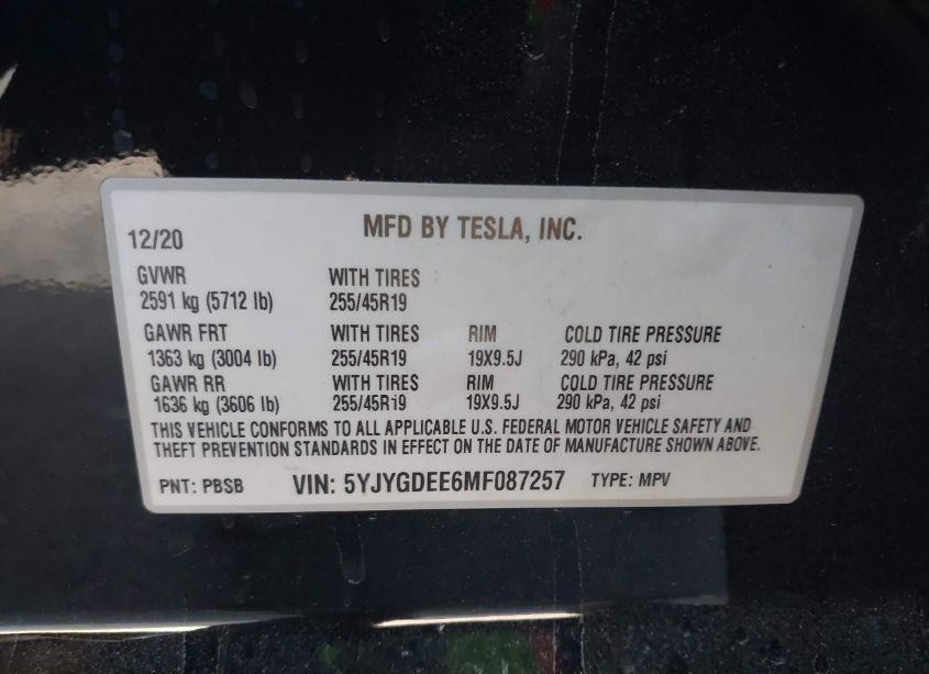 Photo 9 of 2021 Tesla Model Y LONG RANGE DUAL MOTOR ALL-WHEEL DRIVE (VIN 5YJYGDEE6MF087257)