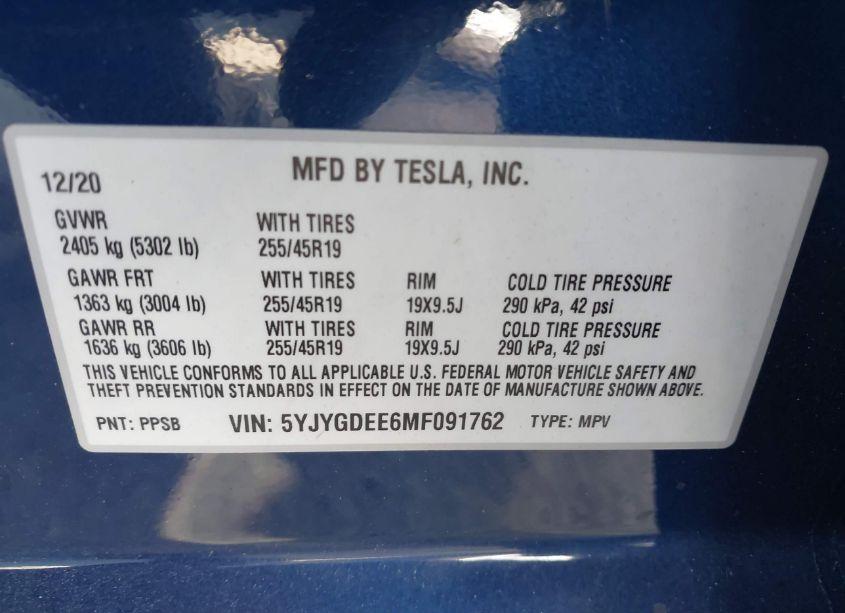 Photo 9 of 2021 Tesla Model Y LONG RANGE DUAL MOTOR ALL-WHEEL DRIVE (VIN 5YJYGDEE6MF091762)