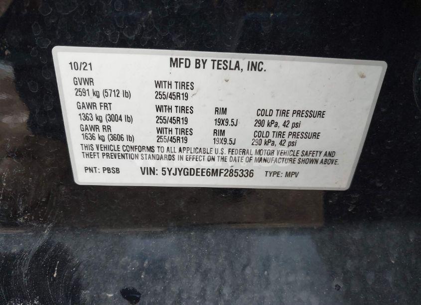 Photo 9 of 2021 Tesla Model Y LONG RANGE DUAL MOTOR ALL-WHEEL DRIVE (VIN 5YJYGDEE6MF285336)