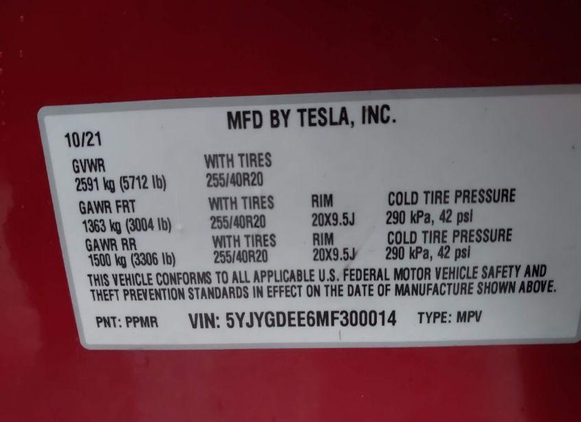 Photo 9 of 2021 Tesla Model Y LONG RANGE DUAL MOTOR ALL-WHEEL DRIVE (VIN 5YJYGDEE6MF300014)