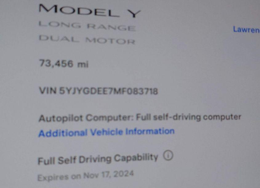 Photo 9 of 2021 Tesla Model Y LONG RANGE DUAL MOTOR ALL-WHEEL DRIVE (VIN 5YJYGDEE7MF083718)