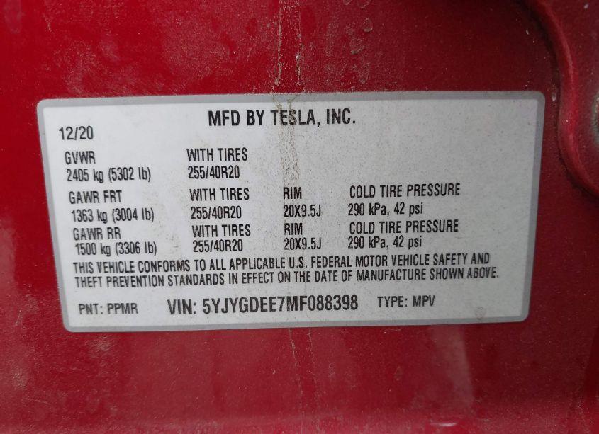 Photo 9 of 2021 Tesla Model Y LONG RANGE DUAL MOTOR ALL-WHEEL DRIVE (VIN 5YJYGDEE7MF088398)