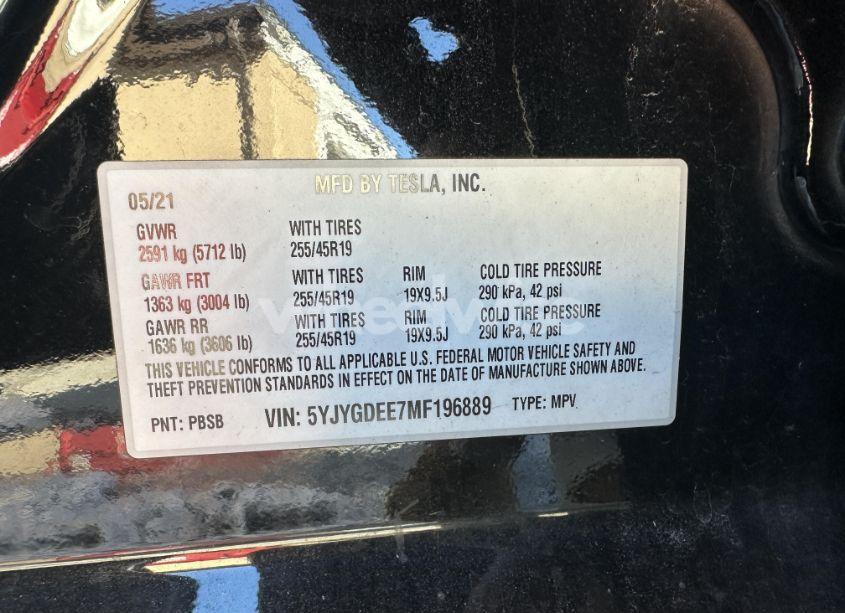 Photo 8 of 2021 Tesla Model Y LONG RANGE DUAL MOTOR ALL-WHEEL DRIVE (VIN 5YJYGDEE7MF196889)