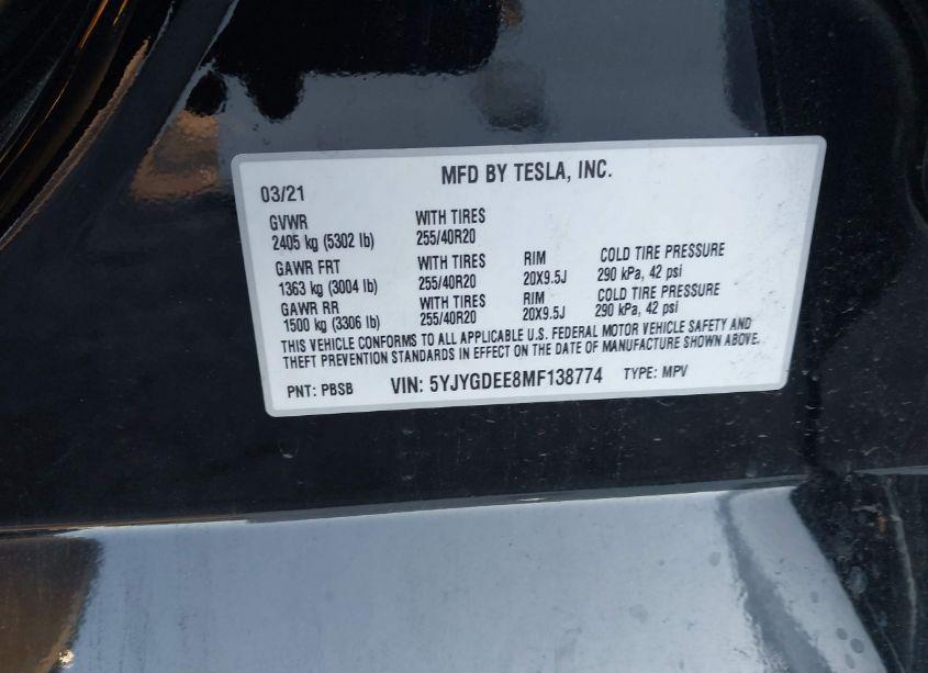 Photo 9 of 2021 Tesla Model Y LONG RANGE DUAL MOTOR ALL-WHEEL DRIVE (VIN 5YJYGDEE8MF138774)