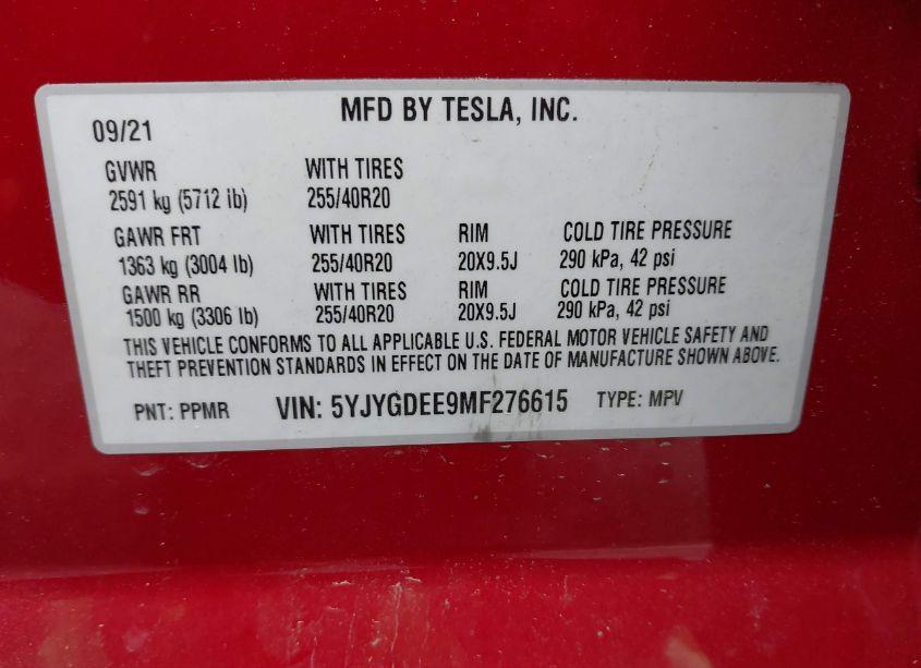 Photo 9 of 2021 Tesla Model Y LONG RANGE DUAL MOTOR ALL-WHEEL DRIVE (VIN 5YJYGDEE9MF276615)