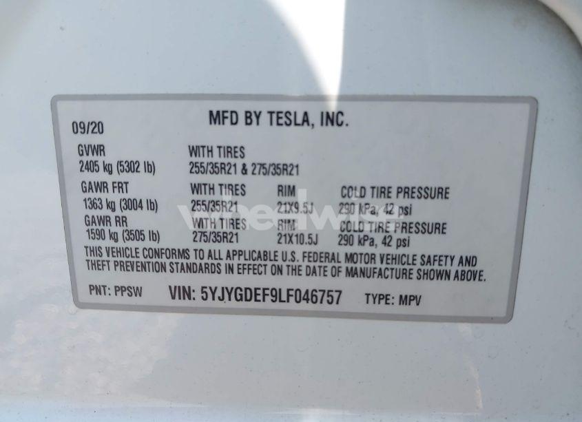 Photo 9 of 2020 Tesla Model Y LONG RANGE DUAL MOTOR ALL-WHEEL DRIVE/PERFORMANCE DUAL MOTOR ALL-WHEEL DRIVE (VIN 5YJYGDEF9LF046757)
