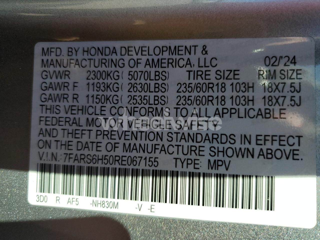 Photo 14 of 2024 HONDA CR-V SPORT (VIN 7FARS6H50RE067155)