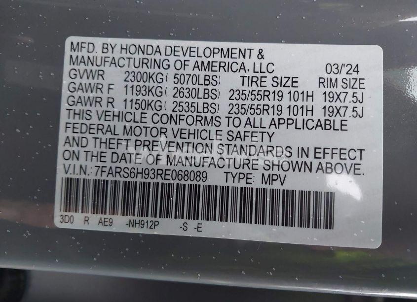 Photo 9 of 2024 Honda Cr-v HYBRID SPORT TOURING (VIN 7FARS6H93RE068089)