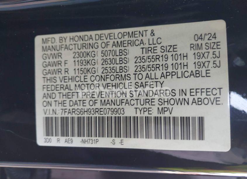 Photo 9 of 2024 Honda Cr-v HYBRID SPORT TOURING (VIN 7FARS6H93RE079903)