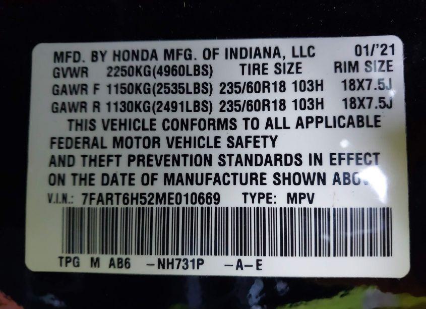Photo 9 of 2021 Honda Cr-v HYBRID EX (VIN 7FART6H52ME010669)
