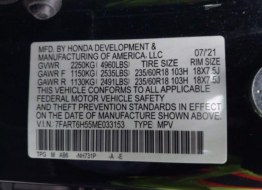 Photo 9 of 2021 Honda Cr-v HYBRID EX (VIN 7FART6H55ME033153)
