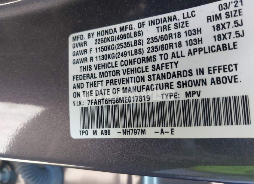 Photo 9 of 2021 Honda Cr-v HYBRID EX (VIN 7FART6H58ME017819)