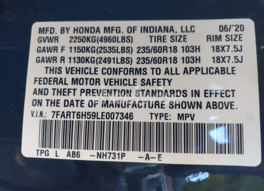 Photo 9 of 2020 Honda Cr-v HYBRID EX (VIN 7FART6H59LE007346)
