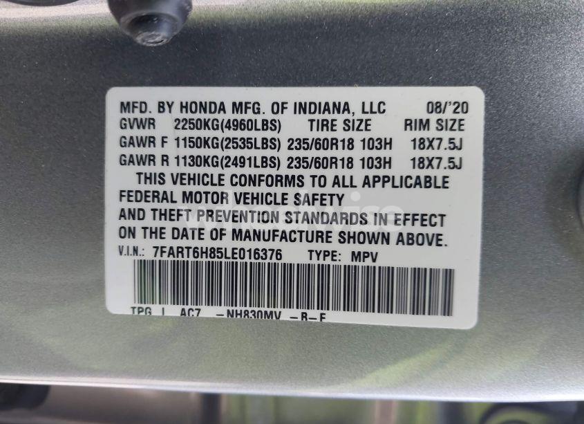 Photo 9 of 2020 Honda Cr-v HYBRID EX-L (VIN 7FART6H85LE016376)