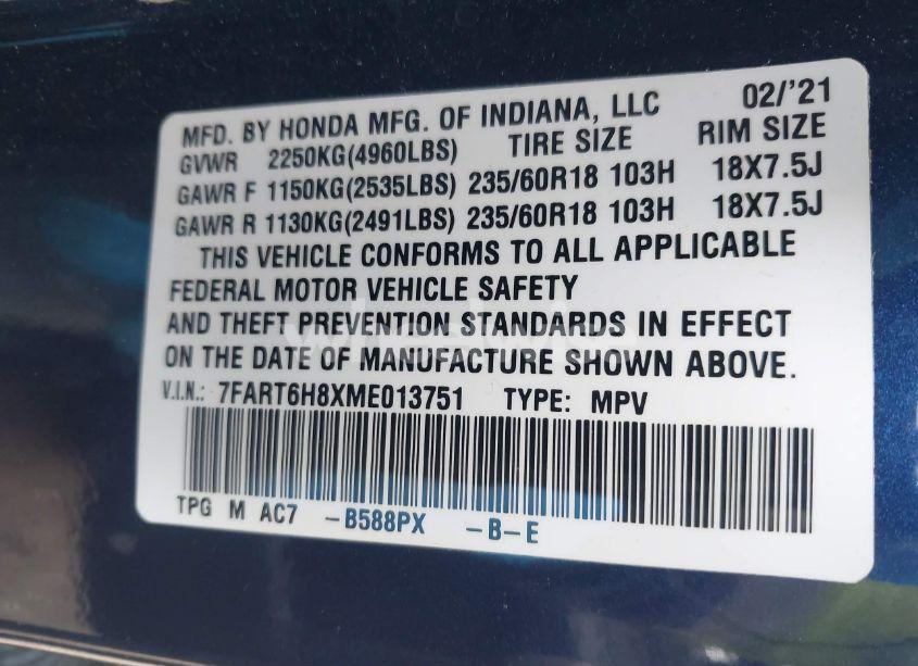 Photo 9 of 2021 Honda Cr-v HYBRID EX-L (VIN 7FART6H8XME013751)