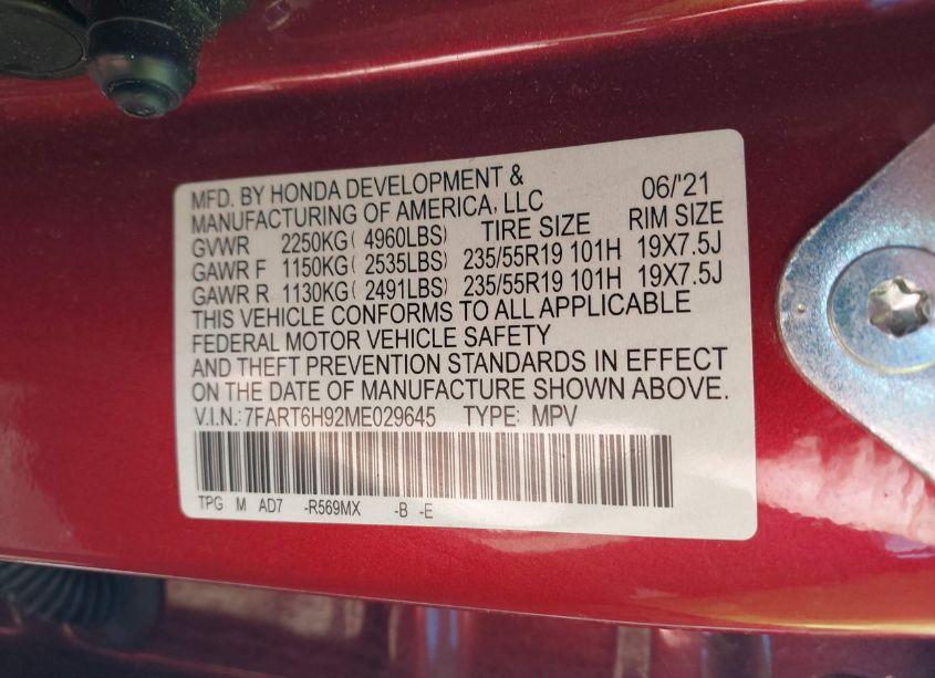 Photo 9 of 2021 Honda Cr-v HYBRID TOURING (VIN 7FART6H92ME029645)