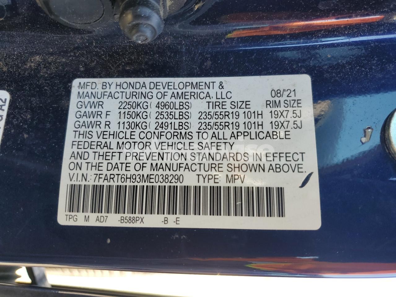 Photo 13 of 2021 HONDA CR-V TOURING (VIN 7FART6H93ME038290)