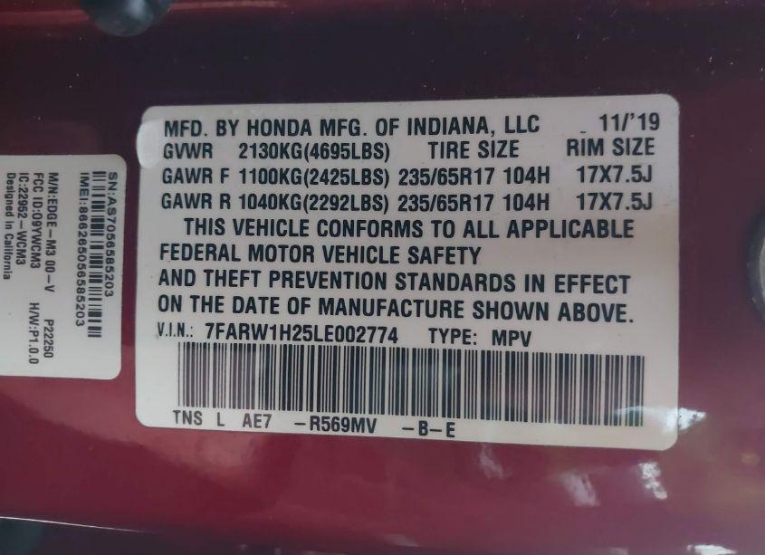 Photo 9 of 2020 Honda Cr-v 2WD LX (VIN 7FARW1H25LE002774)