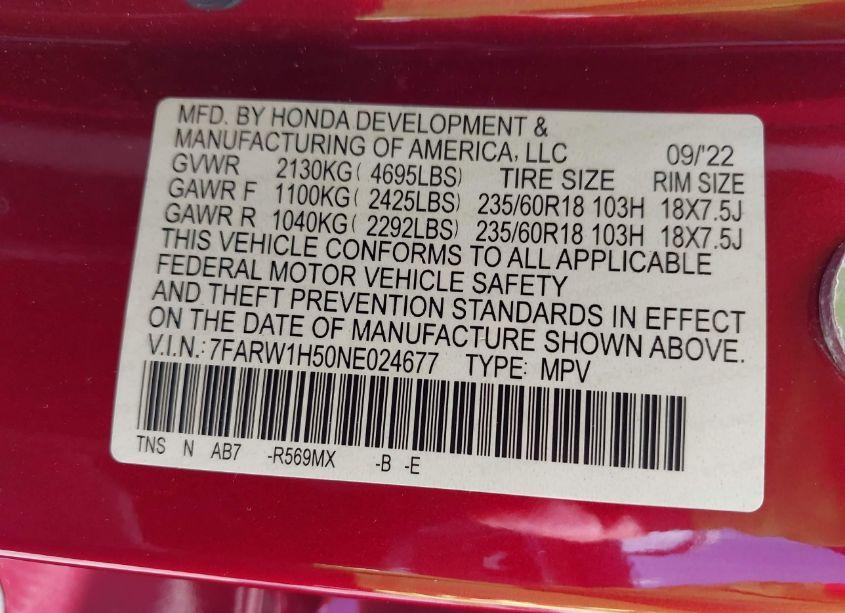 Photo 9 of 2022 Honda Cr-v 2WD EX (VIN 7FARW1H50NE024677)