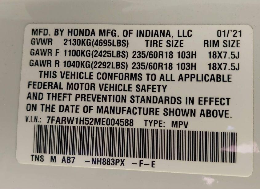 Photo 9 of 2021 Honda Cr-v 2WD EX (VIN 7FARW1H52ME004588)