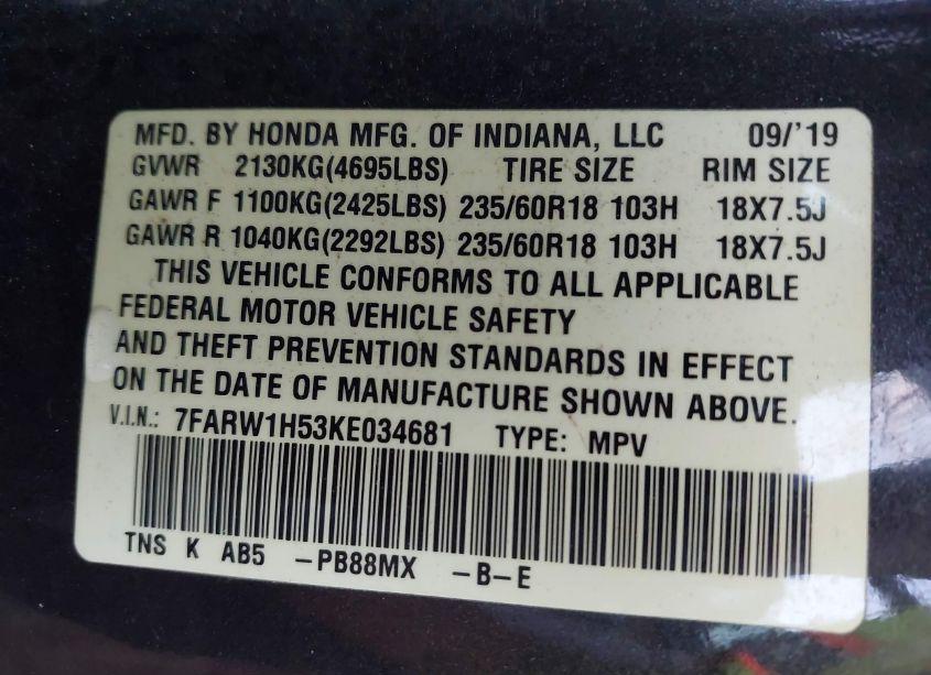 Photo 9 of 2019 Honda Cr-v EX (VIN 7FARW1H53KE034681)