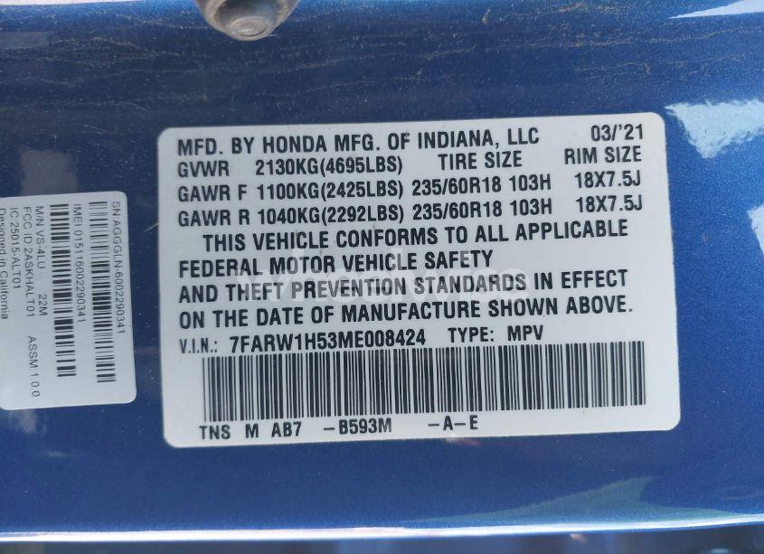Photo 9 of 2021 Honda Cr-v 2WD EX (VIN 7FARW1H53ME008424)