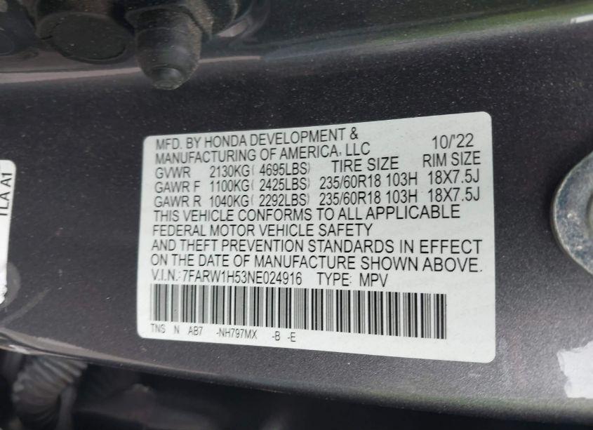 Photo 9 of 2022 Honda Cr-v 2WD EX (VIN 7FARW1H53NE024916)