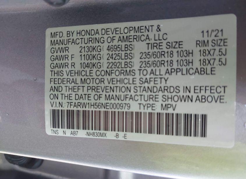 Photo 9 of 2022 Honda Cr-v 2WD EX (VIN 7FARW1H56NE000979)