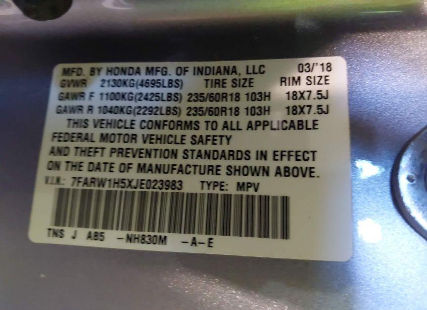 Photo 9 of 2018 Honda Cr-v EX (VIN 7FARW1H5XJE023983)