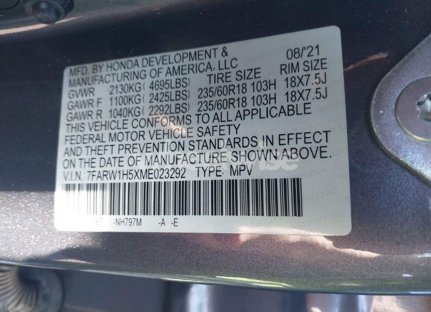 Photo 9 of 2021 Honda Cr-v 2WD EX (VIN 7FARW1H5XME023292)