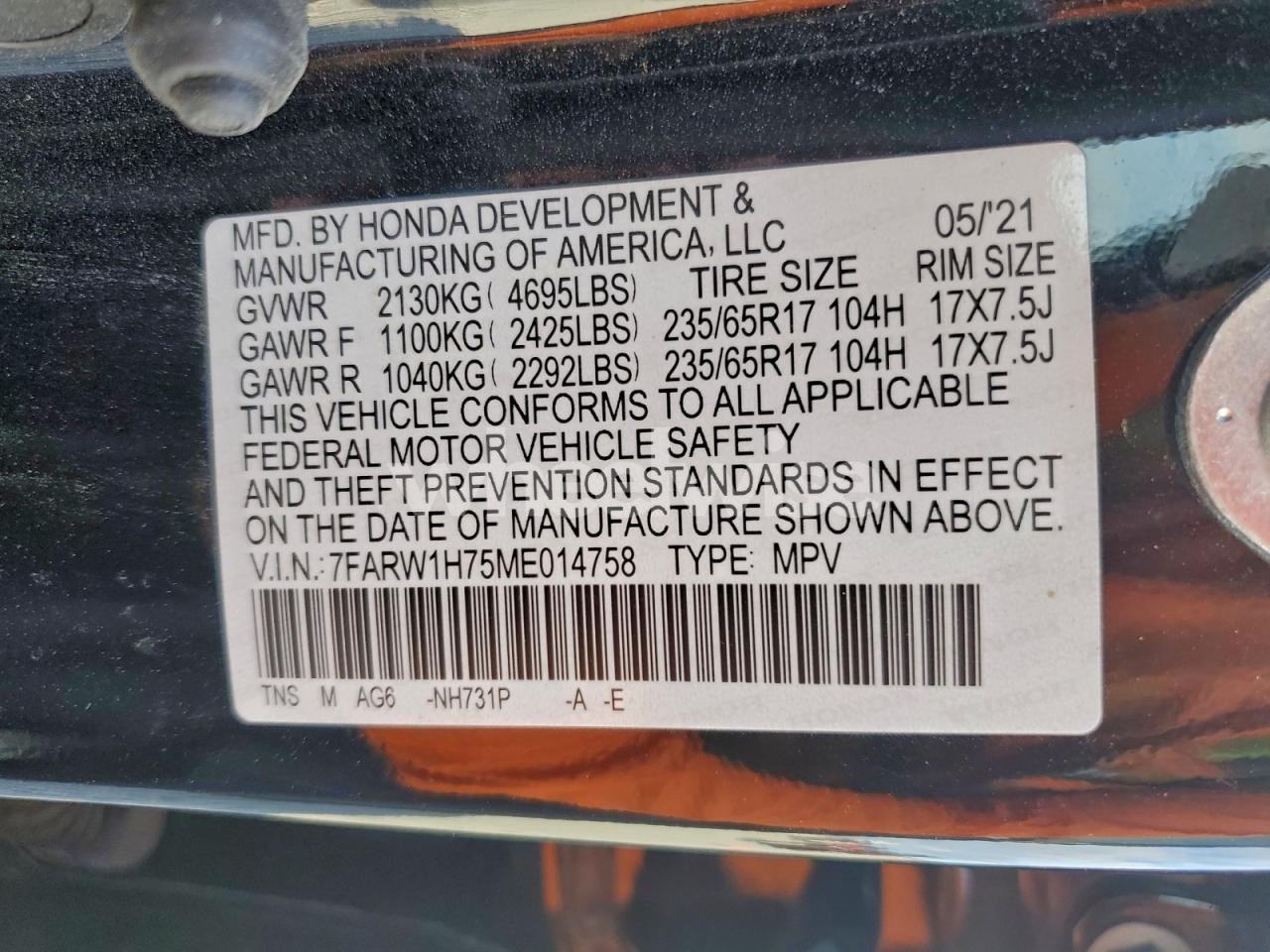 Photo 13 of 2021 HONDA CR-V SE (VIN 7FARW1H75ME014758)