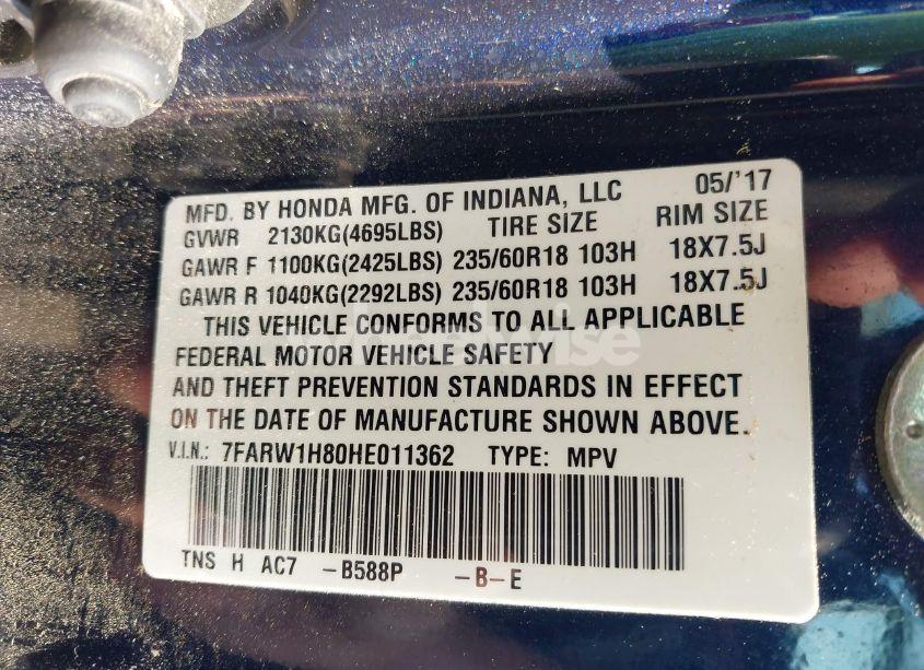 Photo 9 of 2017 Honda Cr-v EX-L/EX-L NAVI (VIN 7FARW1H80HE011362)