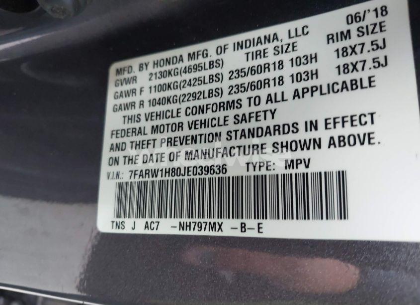 Photo 9 of 2018 Honda Cr-v EX-L/EX-L NAVI (VIN 7FARW1H80JE039636)