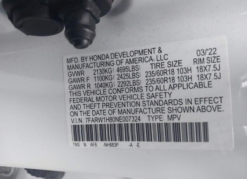 Photo 9 of 2022 Honda Cr-v 2WD EX-L (VIN 7FARW1H80NE007324)