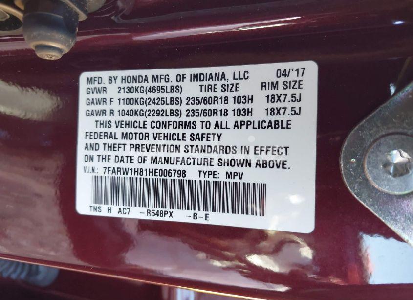 Photo 9 of 2017 Honda Cr-v EX-L/EX-L NAVI (VIN 7FARW1H81HE006798)